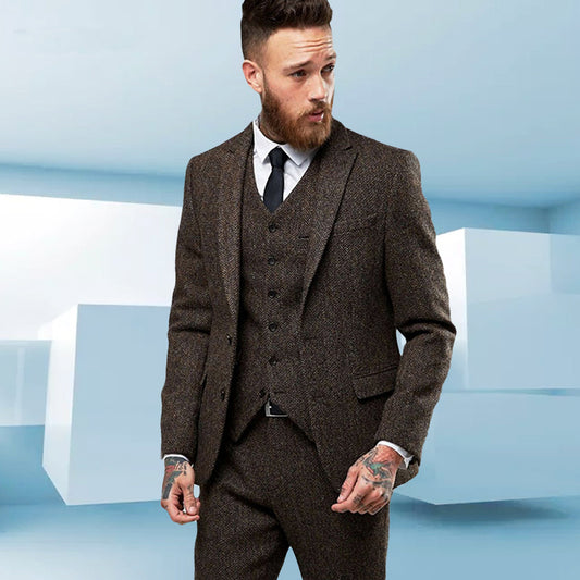 Cambridge Classic – Coffee Tweed Three-Piece Men’s Suit (Blazer, Vest, Trousers)